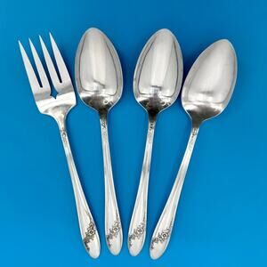 Lot of 4 Silverplate Serving Spoon/Fork VTG Oneida Diagonal Floral Queen Bess II